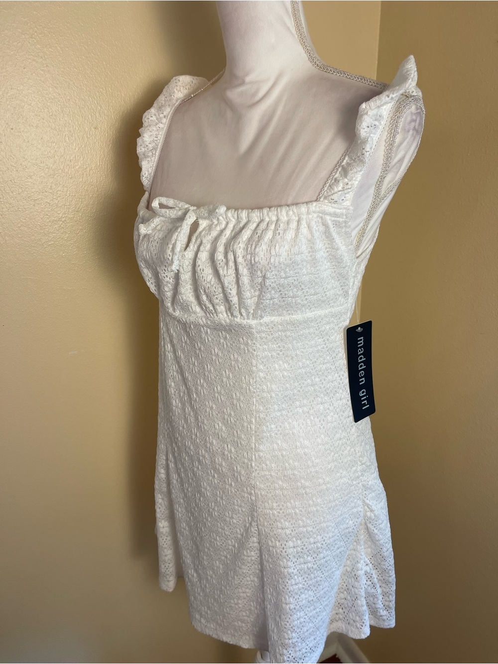 Milkmaid White Lace Mini Dress Stretchy Bow Ruffle Strap Cottagecore Coquette L - Picture 2 of 14